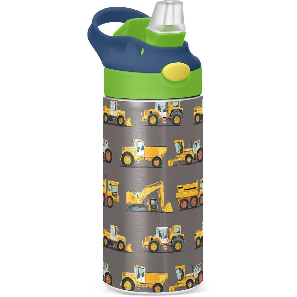 Boccsty Bright Race Car Truck Kids Water Bottle with Straw Lid Sport Cars ulated Stainless Steel Reble Tumbler for Boys Girls Toddlers 12 oz Green