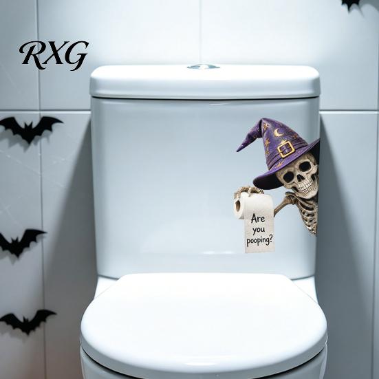 Creative Halloween Wall Murals Bathroom Sticker, Cute Ghost Witch Cat Toilet Decal, Spooky Pattern Decor Skeleton Are You Pooping Sticker for Humorous