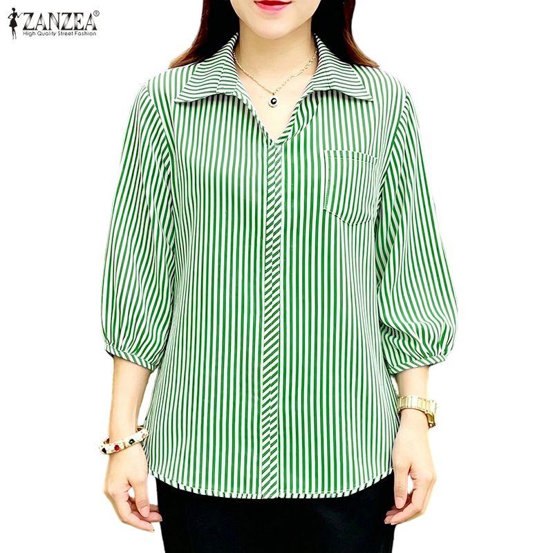 ZANZEA Camicia da donna a righe larghe con colletto a punta e maniche a 3/4