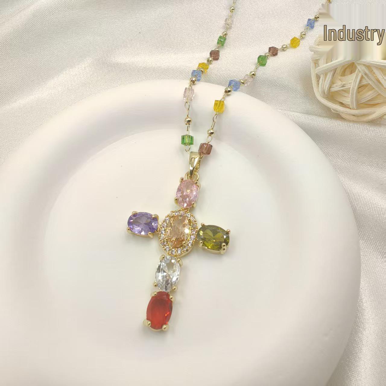 

Rainbow Crystal Zircon Necklace: Women s High-Grade, Colorful, Shiny Collarbone Chain with Unique Design. Crystal Chain (45+5cm) + Pendant