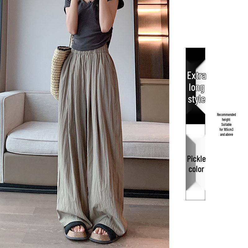 Women's Summer Blue Wide-Leg Ice Silk Pants - Casual Pleated Zen Style