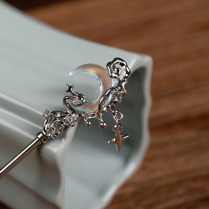 4PCS Silver Hair Bun Sticks For Long Hair Ancient Metal Hairpins With Moonstone Decoration Chinese Costume Hairpin