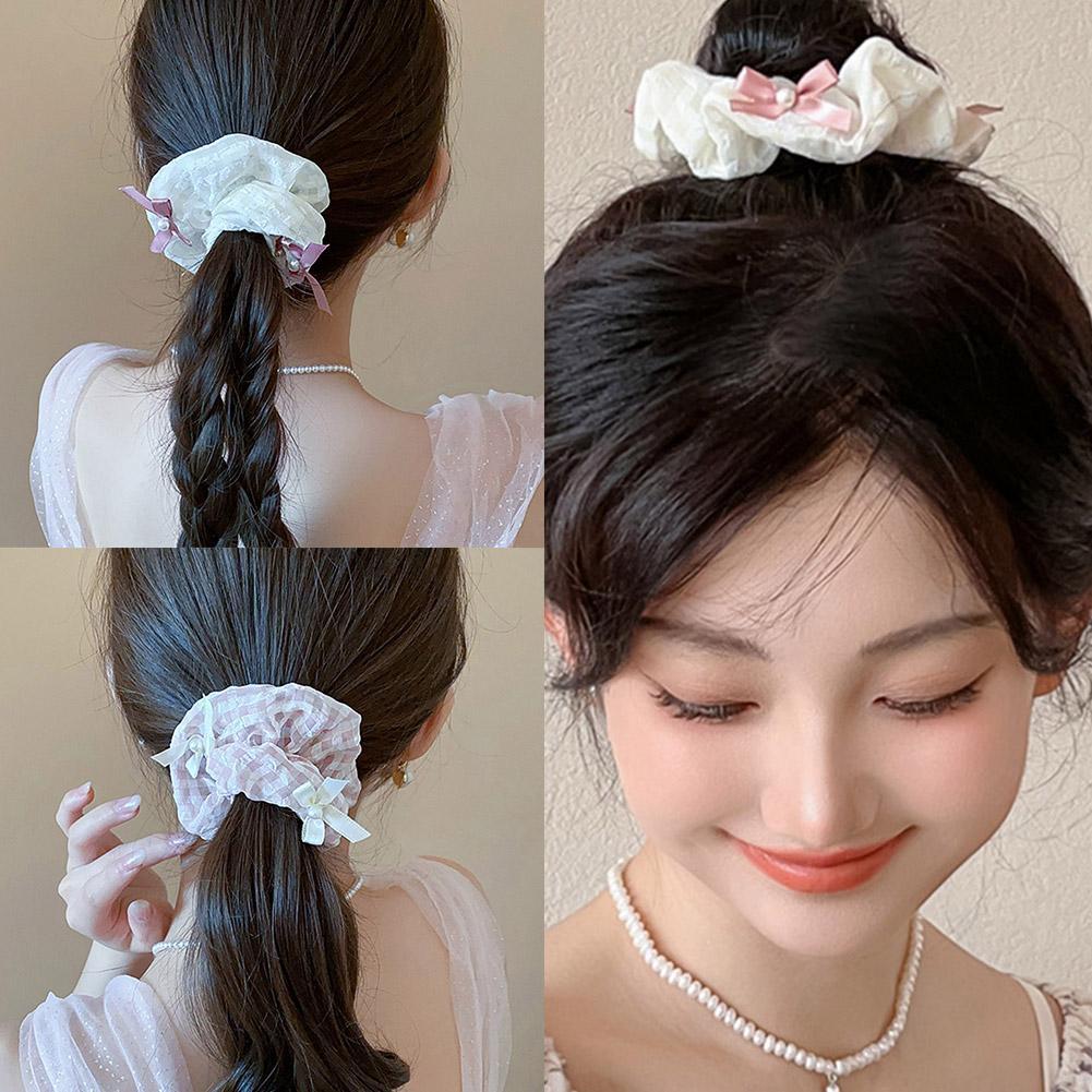 Sweet Pink and White Checkered Bow Large Intestine Hair Band High Appearance Level Hair Tie High Elasticity Rubber Band Headwear