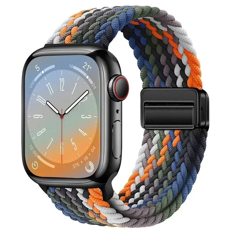 Nylon Braided Loop Strap for Apple Watch Ultra2 49mm 9 8 7 45 41mm Metal Magnetic Bracelet Wristband for 6 5 4 3 SE 44 40mm Band