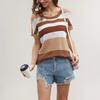 QICED Loose Patchwork Striped T-shirt Casual Pullover Women's Short-sleeved Sweater