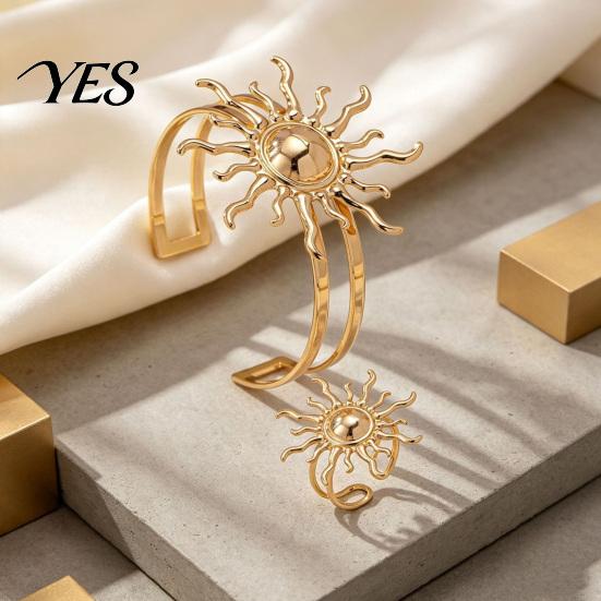 Golden Plated Jewelry Set 2Pcs Retro Sun Bangle Ring Set, Open Adjustable Cuff Bracelet & Ring, Statement Hand for Women