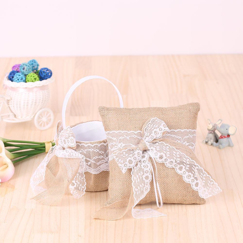 7 * 7 Zoll Vintage Jute Spitze Schleife Ringträgerkissen und Rustikales Hochzeits Blumenmädchen Körbchen Set