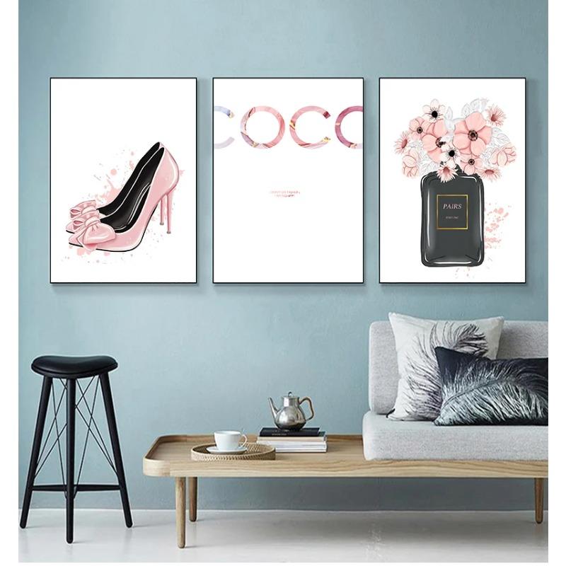 Nordic Perfume Bottle High Heels Wall Art Canvas Painting Modern Wall Pictures For Living Room Home Decor No Frame