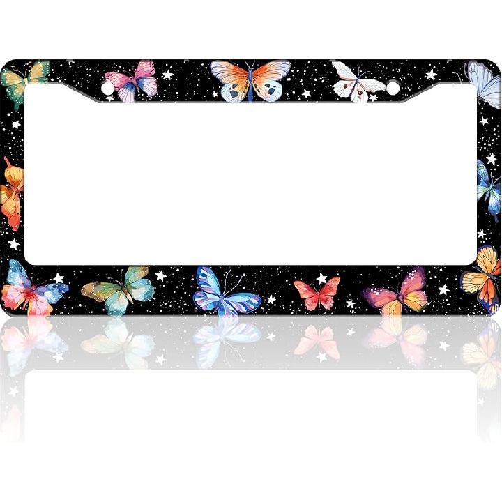 Beautiful Colorful Butterfly License Plate Frame Funny Watercolor License Plate Holder For Front Or Rear Car Tags Stainless Steel Car Decoration With