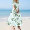 Dames Zomer Casual Bloemenprint Korte Mouw O Hals Hoge Taille A-lijn Gelaagde Flowy Boho Maxi Jurk