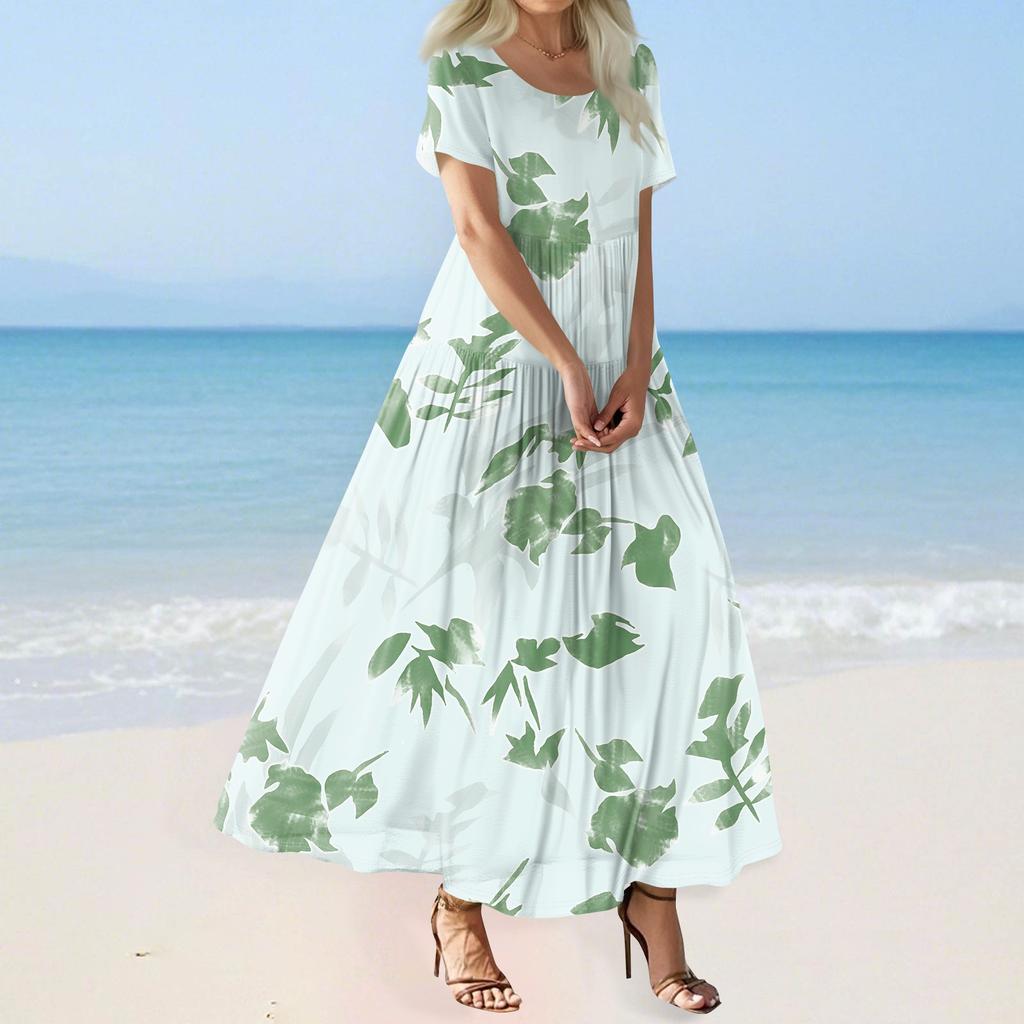 Dames Zomer Casual Bloemenprint Korte Mouw O Hals Hoge Taille A-lijn Gelaagde Flowy Boho Maxi Jurk