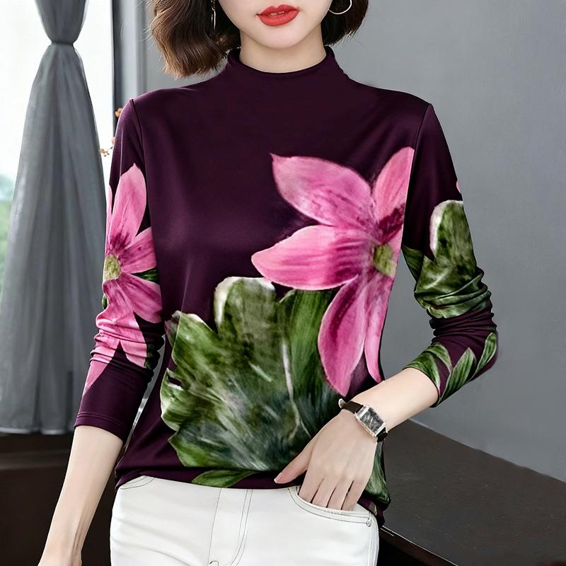 Elegant Mid-Aged & Elderly Women's Printed Long-Sleeve Top - Warm & Fashionable