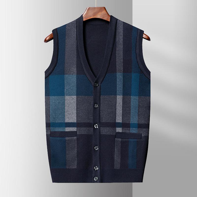 Cardigan Vesta Lână cu Gât în V pentru Bărbați, Tricotat cu Blocuri de Culoare, Vesta Tricotată Fără Mâneci, Jachetă cu Clips Cal