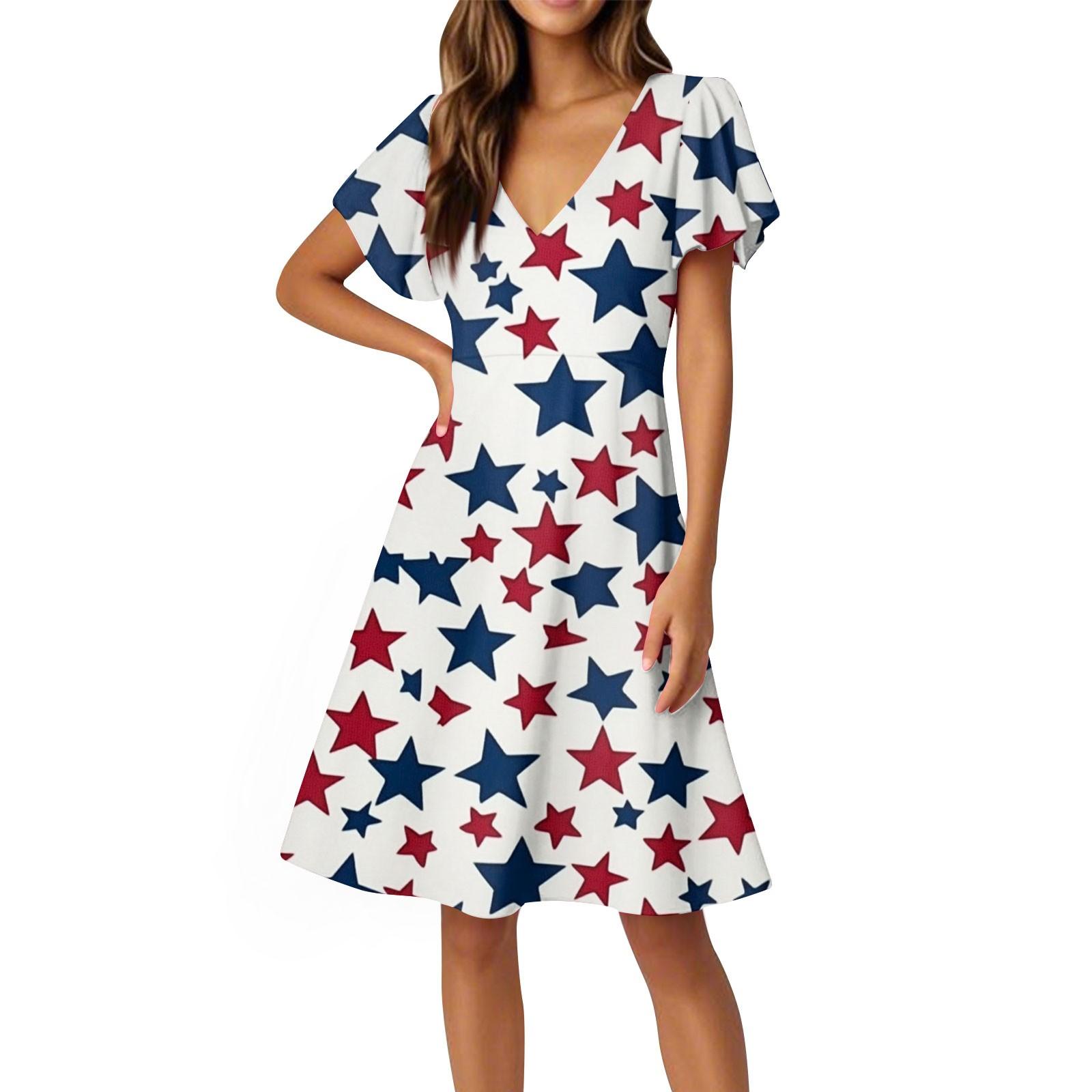 

Платья ко Дню Независимости Платья с коротким рукавом и рукавом-фонариком Повседневные платья с V-образным вырезом XL