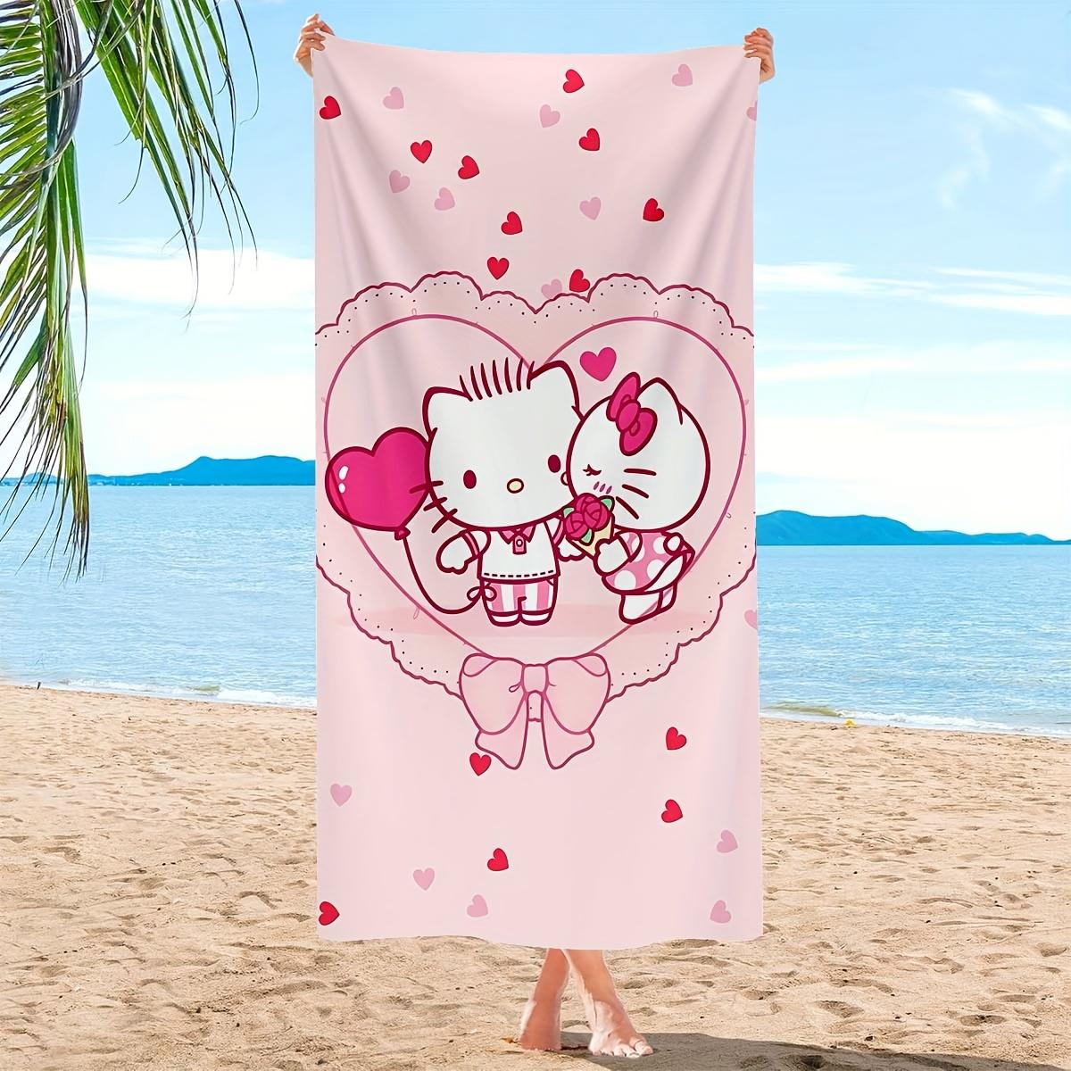 1PC Sanrio Hello Kitty Bow Print Beach Towel, Soft Absorbent Cartoon Bath Towel, Portable for Travel Hiking Camping Hotel Pool W40*H60(CM)