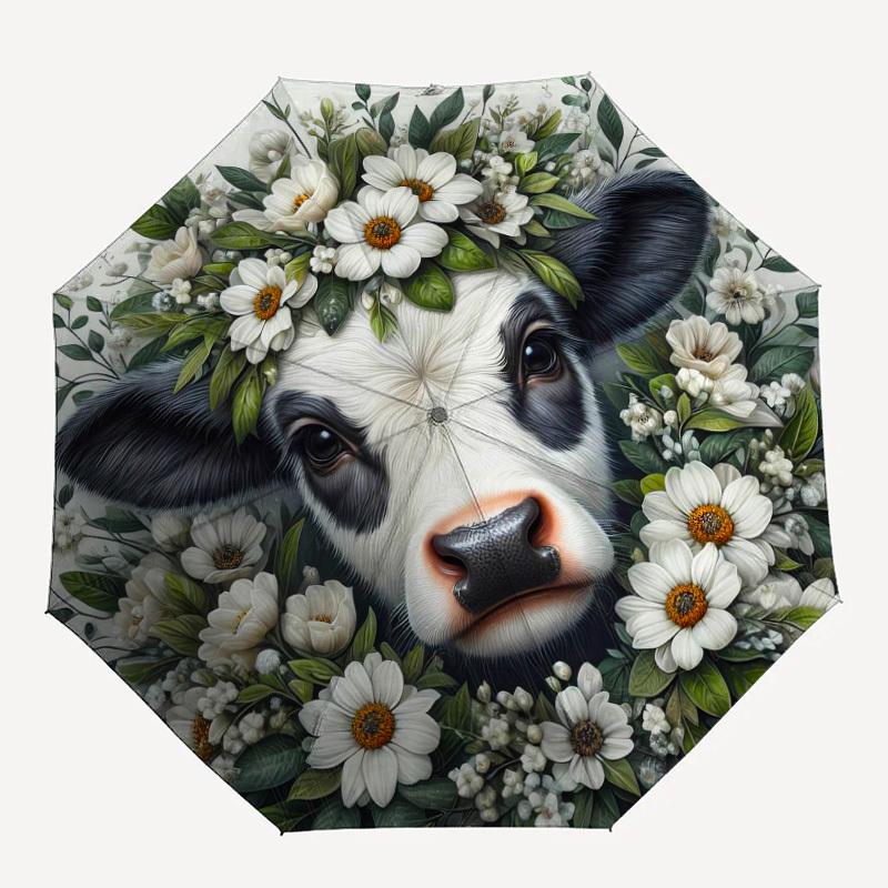 1 шт. Корова Цветочный узор Маленький компактный дорожный ветрозащитный зонт, Автоматический складной зонт, Автоматическое открытие/закрытие, Подарок-126