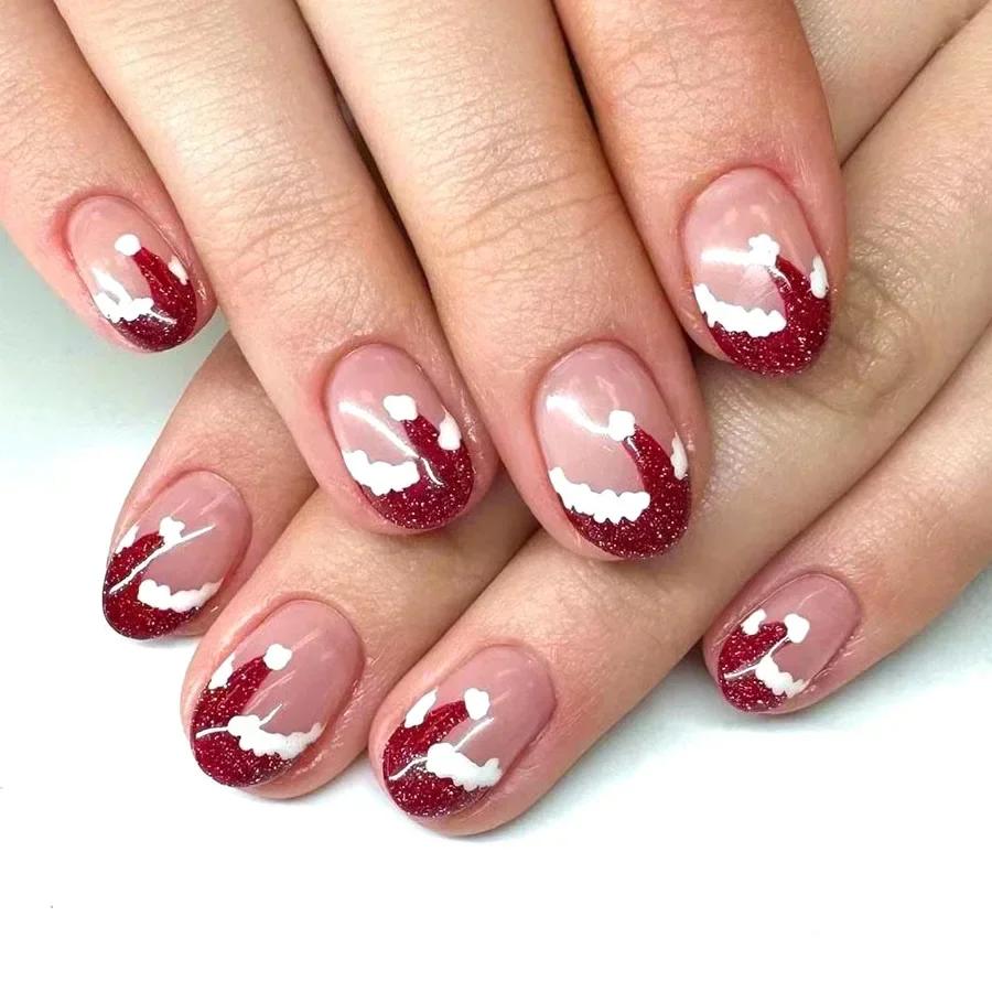 BEPAN 24Pcs Green Santa Press On Nails Short Glossy Square Full Cover Fake Nail Tips Christmas Tree with Glitter False Nail Festival