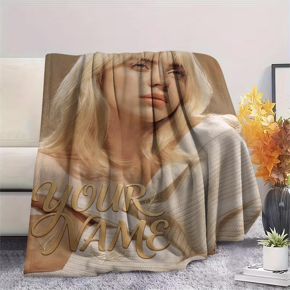 1PC Custom Name Billie Eilish Patterned Flannel Blanket Suitable For All Seasons for Home Decor Warmth and Comfort Gifts Holiday Present_xia