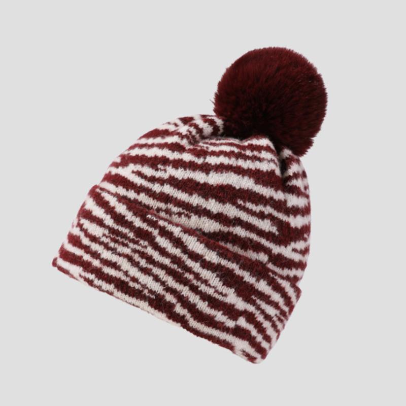 

Вязаная шапка зебра, теплая шапка, женская зимняя уличная толстая шапка для защиты ушей, шерстяная шапка темно-красного