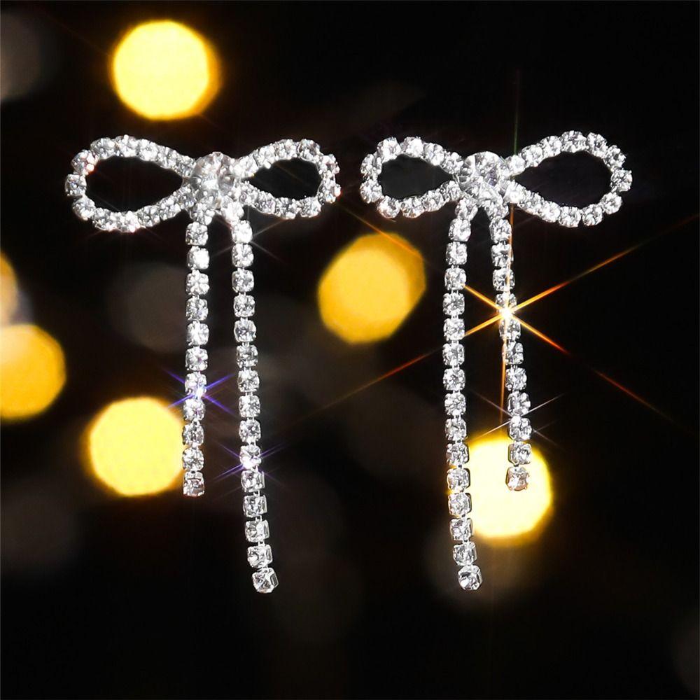 Sparkly Rhinestone Long Dangle Earrings Personalized Bowknot Ear Stud Creative Gift Bow Earrings
