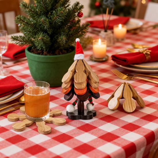 Christmas Tree Trivet Set Wooden Heat-Resistant Coasters with Stand Festive Table Protector for Hot Dishes & Holiday Decor