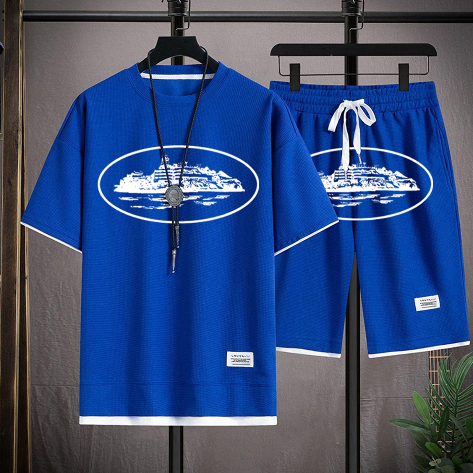 

Unisex Breathable Short Sleeved Shorts Loose Pullover Two-piece Set L синій