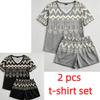 Summer Geometric Wavy Lines Pattern Printed V- Neck Short Sleeved T-Shirt And Shorts Set Women's and Men's T-shirt Shorts Set