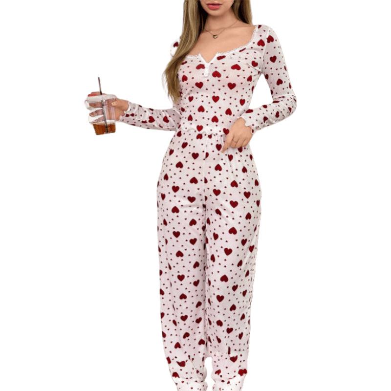 Women’s Heart Print Long Sleeve Top and Pants Pajama Set Two-Piece Loungewear Set Suitable for Outdoor Wear