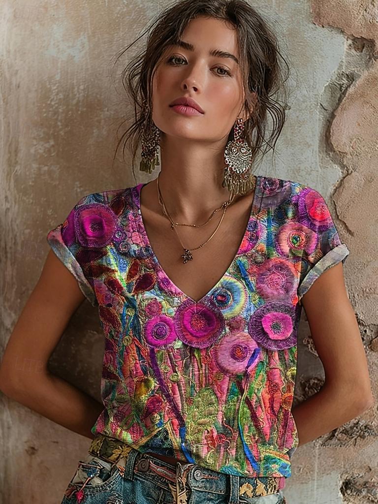 2026 Women's Tops Women's Floral T-Shirt Summer 2026 Short Sleeve Casual Loose Vintage Streetwear Fashion Clothes for Woman