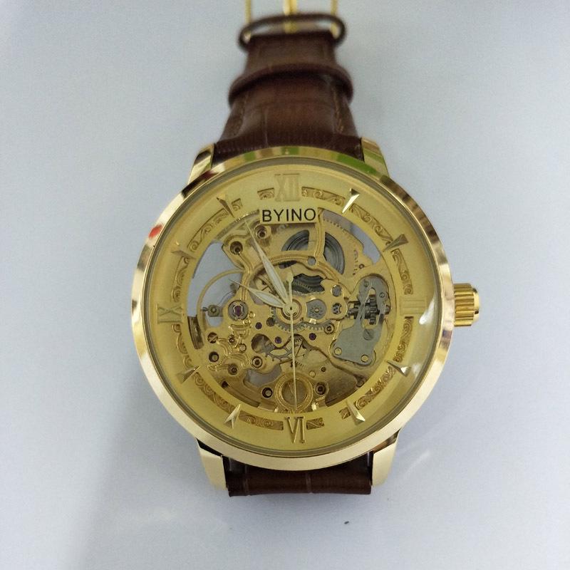 BYINO Herren Skelett Automatikuhr Chronograph mit transparentem Boden, weißen Zeigern, Leder- oder Mesh-Armband