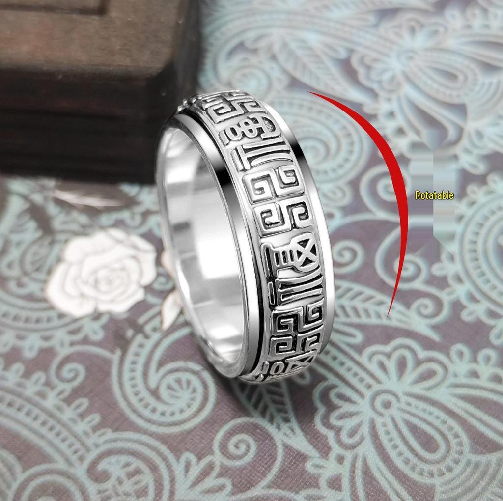 Sterling Silver Blessings Rotating Ring, Unisex Fu Character Enamel Design, Chinese Style Finger Ring, Creative Niche Design