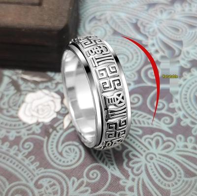 Bague Tournante Bénédictions en Argent Sterling, Unisexe Design Émail Caractère Fu, Bague de Doigt Style Chinois, Design de Niche Créatif