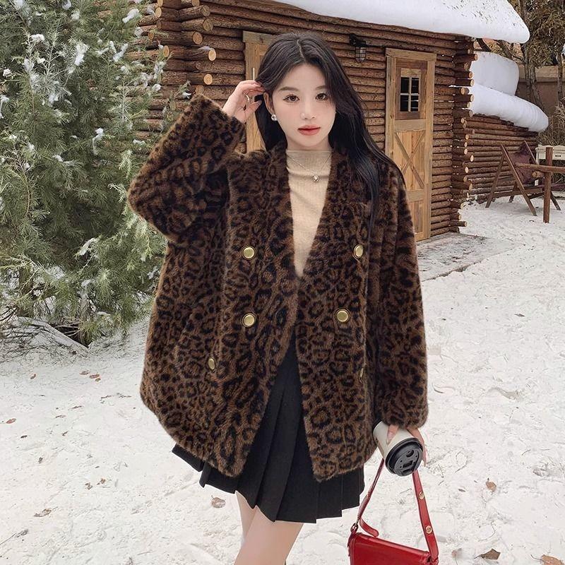 Autumn and winter thickened new fluffy leopard print short temperament fur integrated imitation mink fur fashion coat