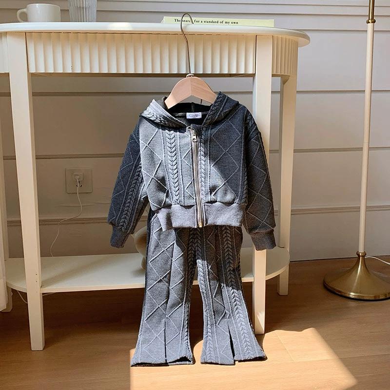 Girls' Suits, Autumn Clothes, Big Children's Short Knitted Long-sleeved Tops, Split Flared Pants, Two-piece Trend