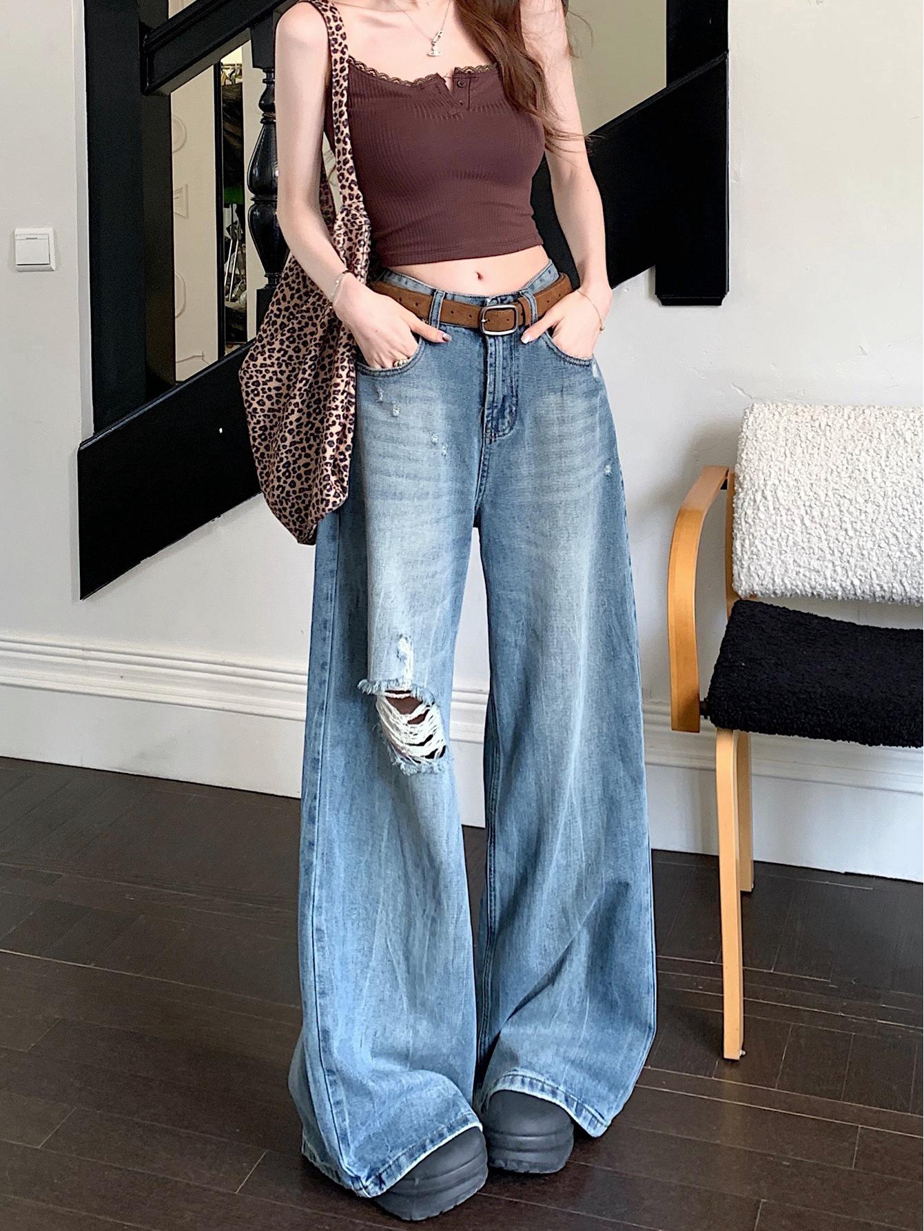 Unisex Retro Ripped Slimming Wide-Leg High Waist Jeans - Petite Floor Length XS