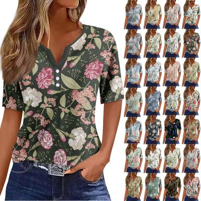T-shirt femme imprimé bouton manches courtes quotidien week-end mode basique col en V haut régulier