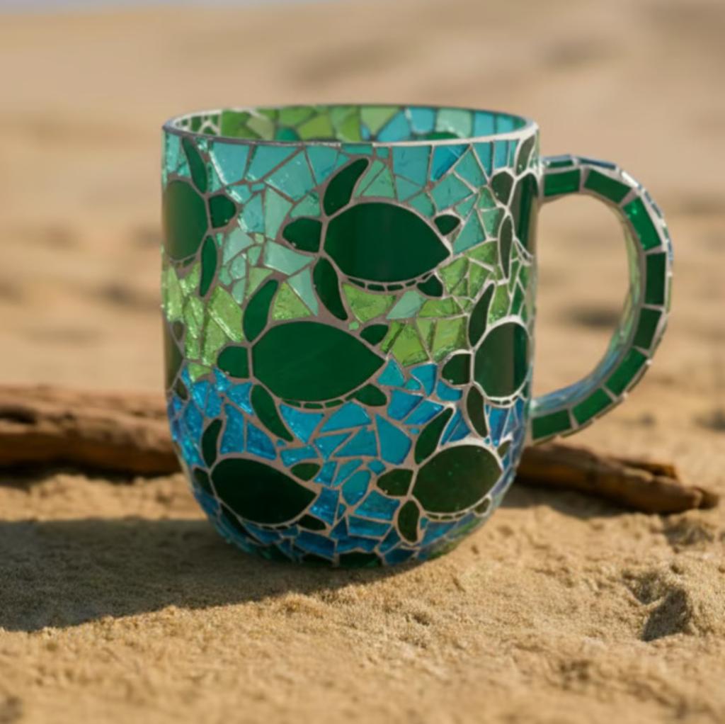 Mug Series, 12 Oz Blue Hand-blown Cracked Coffee Mug With Bubble Texture.