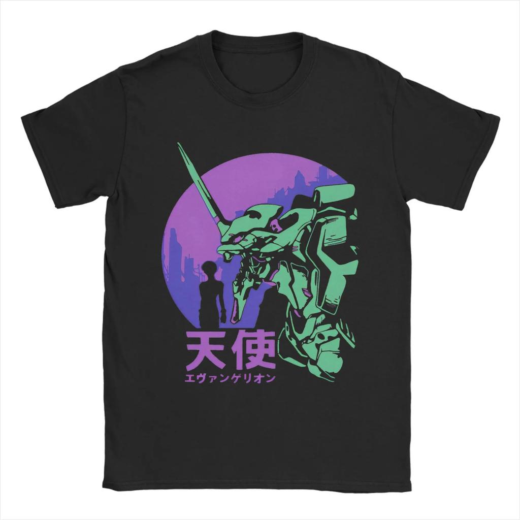 Neon Genesis Evangelion Einheit-01 Episode 1 "Engel-Angriff" Manga-Stil Lila Druck Übergroßes Schwarzes T-Shirt | Klassisches Mecha Anime Fan Merch Tee