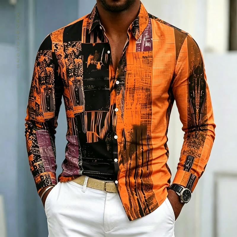 Men's Shirt, Casual Long Sleeved Shirt, Contrasting Color Patchwork Printed Shirt, Fashionable Casual Single Breasted Men's Shir