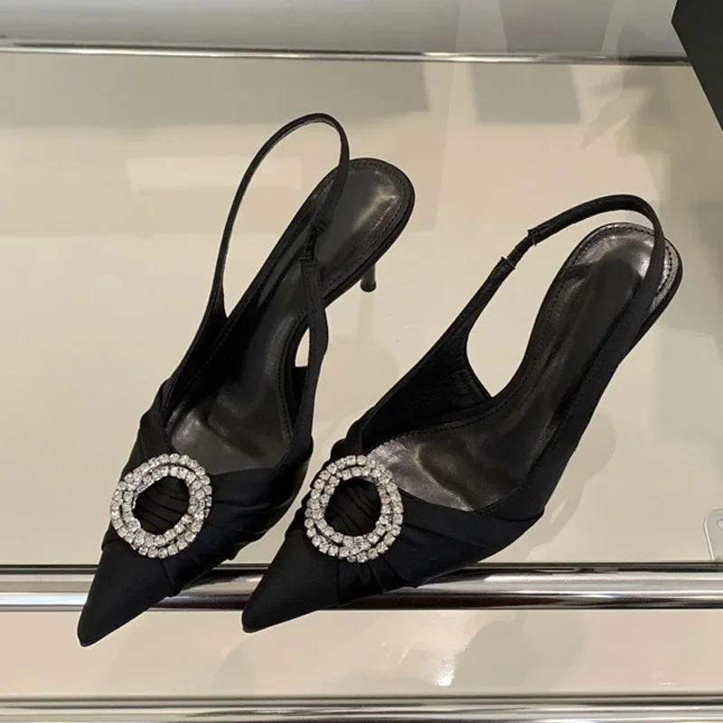 Fashion Luxury Design Rhinestone Buckle Women Pumps Cozy Silk Pointed Toe Party Prom Shoes Slingback High Heels Mules Heeled Sandals