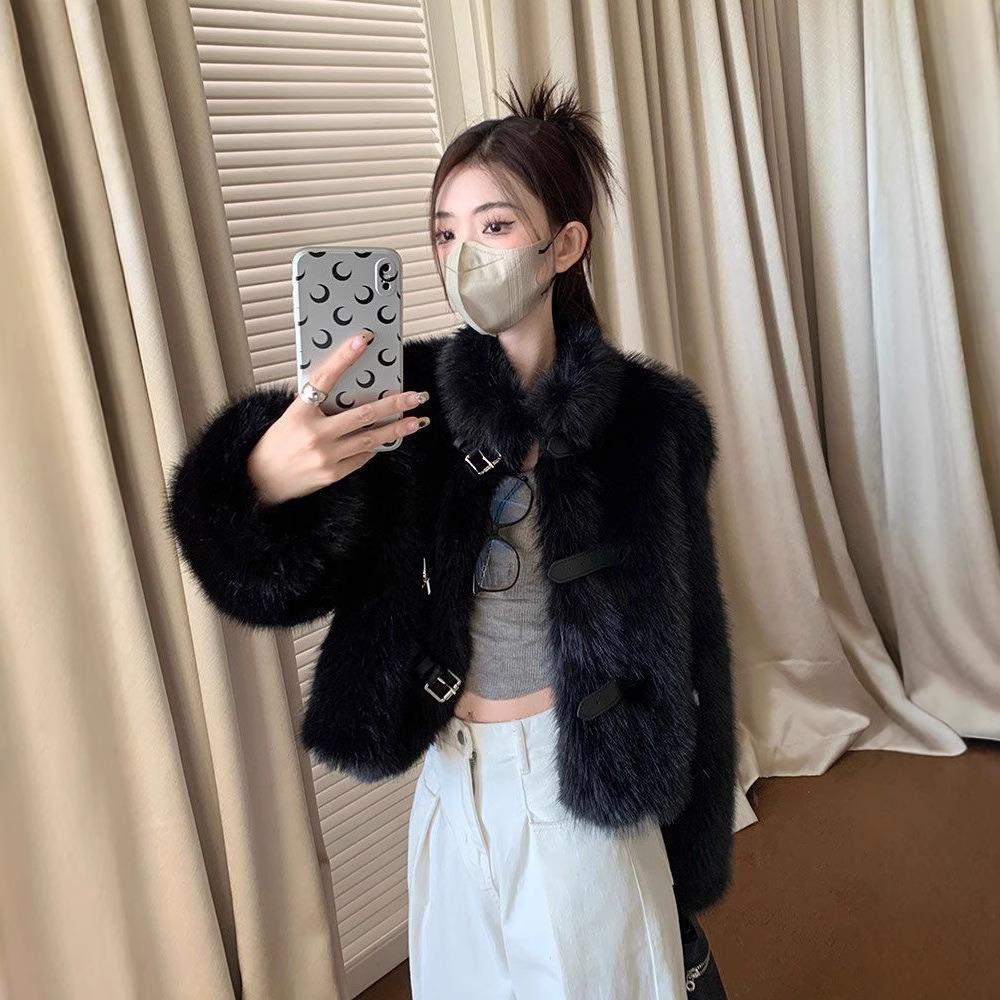 Ekologický kožich Zimní Malý Nový Imitace Liščí Kožešiny Módní Dámské Oblečení Černý Stojáček Top Trendy