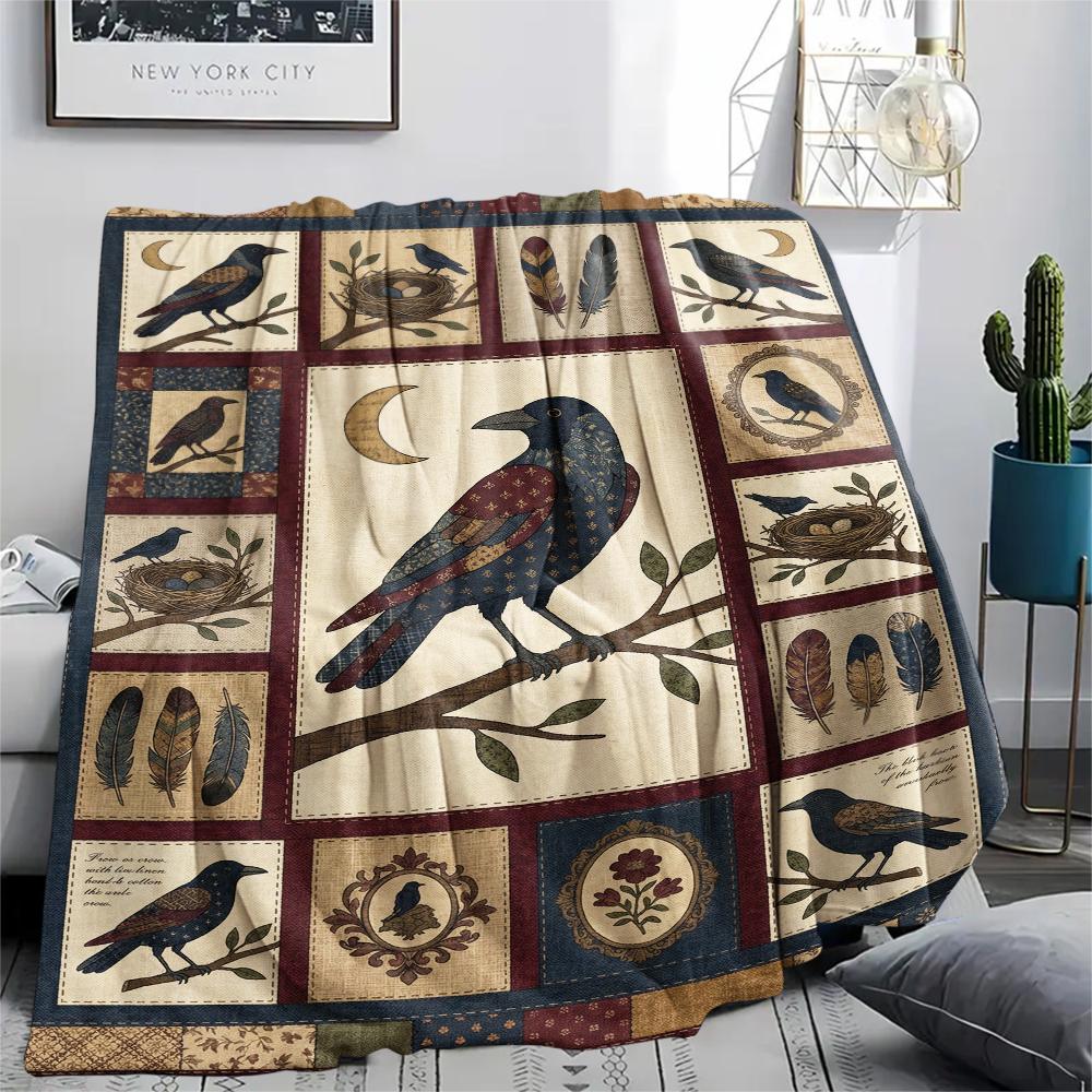 Crow Print Flannel Blanket, High quality Comfortable for All Seasons, Home Decor, Warmth and Comfort, Perfect for Christmas Gifts47