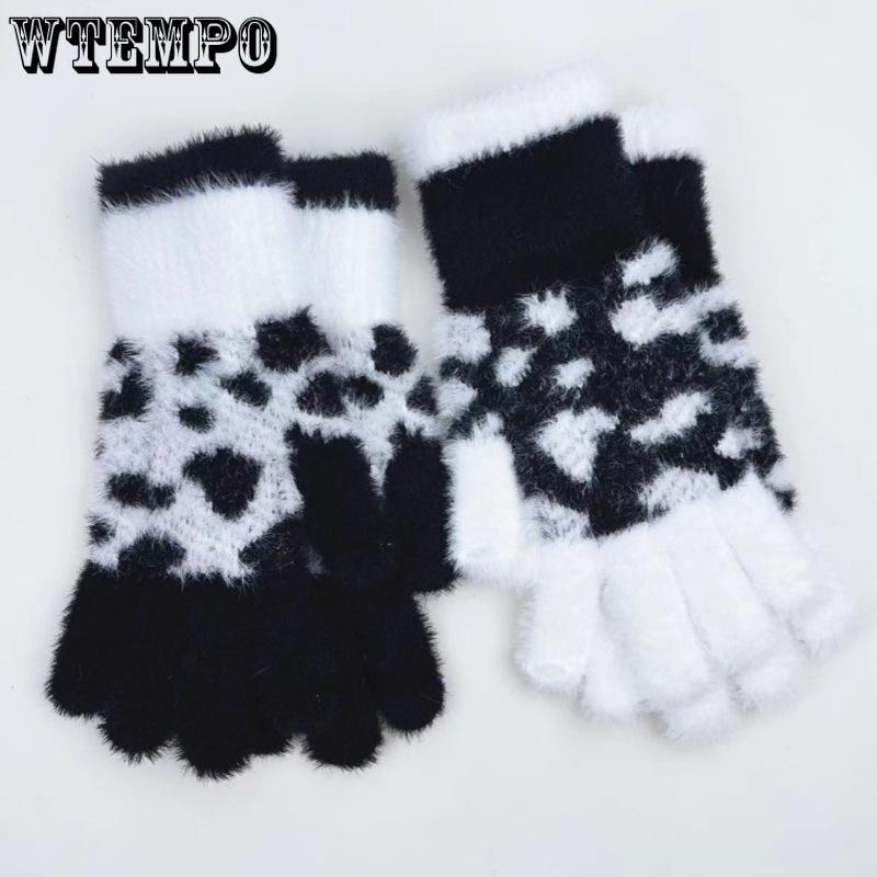 Plush Gloves for Men and Women Korean Version Leopard Print Fashion Striped Mobile Phone Touchscreen Gloves