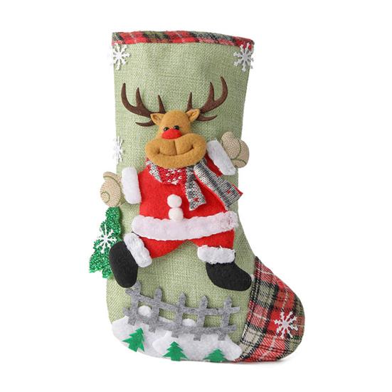 4 Pcs Burlap Christmas Stockings 3D Santa Snowman Elk Christmas Treat Bags Xmas Fireplace Hanging Stockings