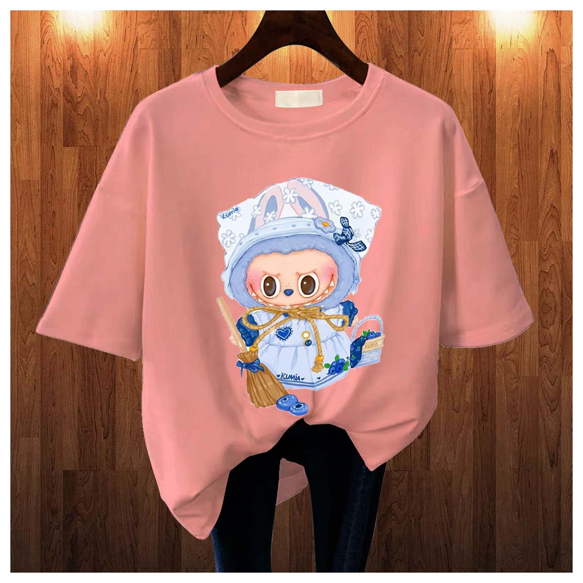 

New Labubu Children s T-shirt Maid Outfit LABUBU Pattern Round Neck Short Sleeved Casual Versatile Girl s Top 110