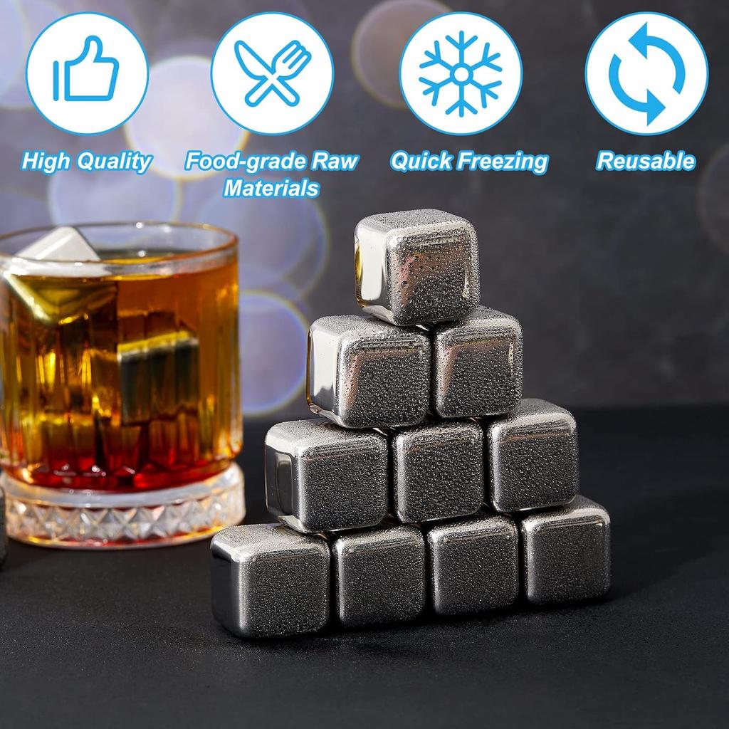 24PCS Stainless Steel Ice Cubes with Tongs, Reusable Non-Diluting Whiskey Stones for Wine Beer, Fast Chilling Bar Tool Case