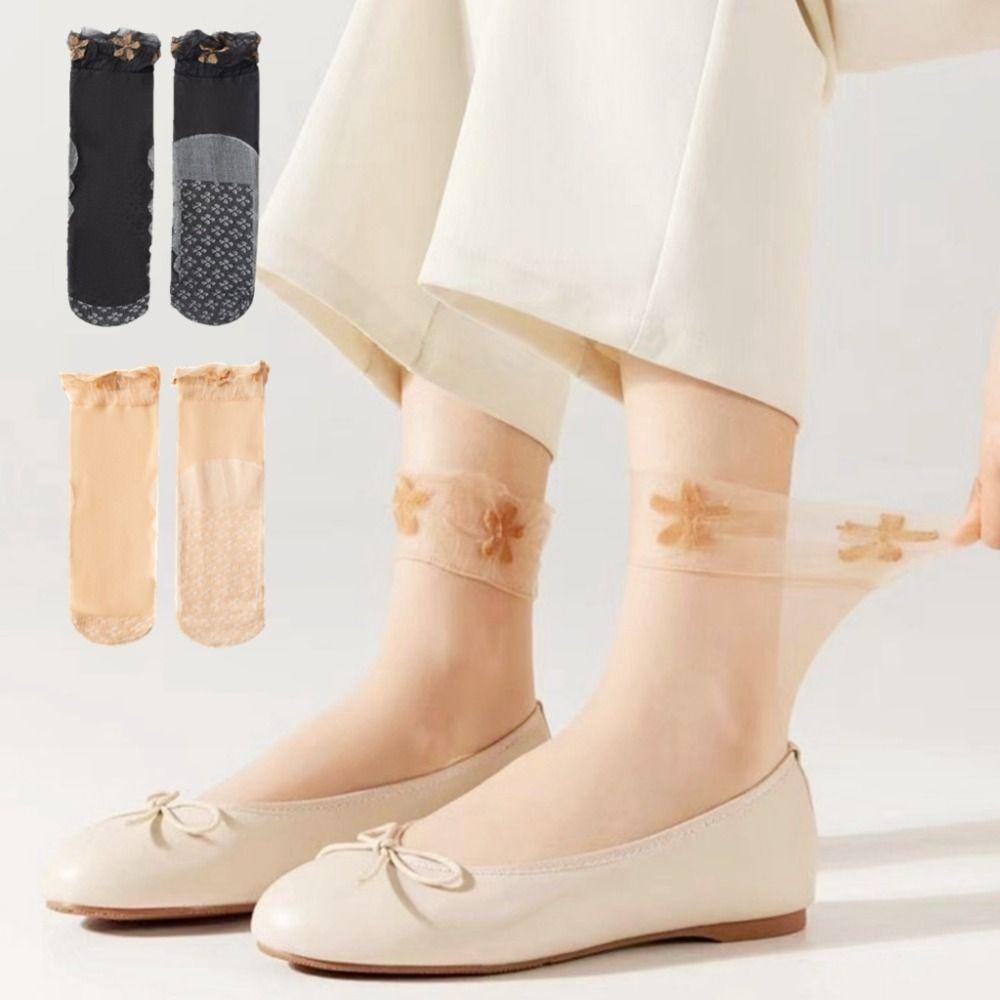 

10Pairs Transparent Floral Crystal Silk Sock Black Skin Color Tube Socks for Women Summer