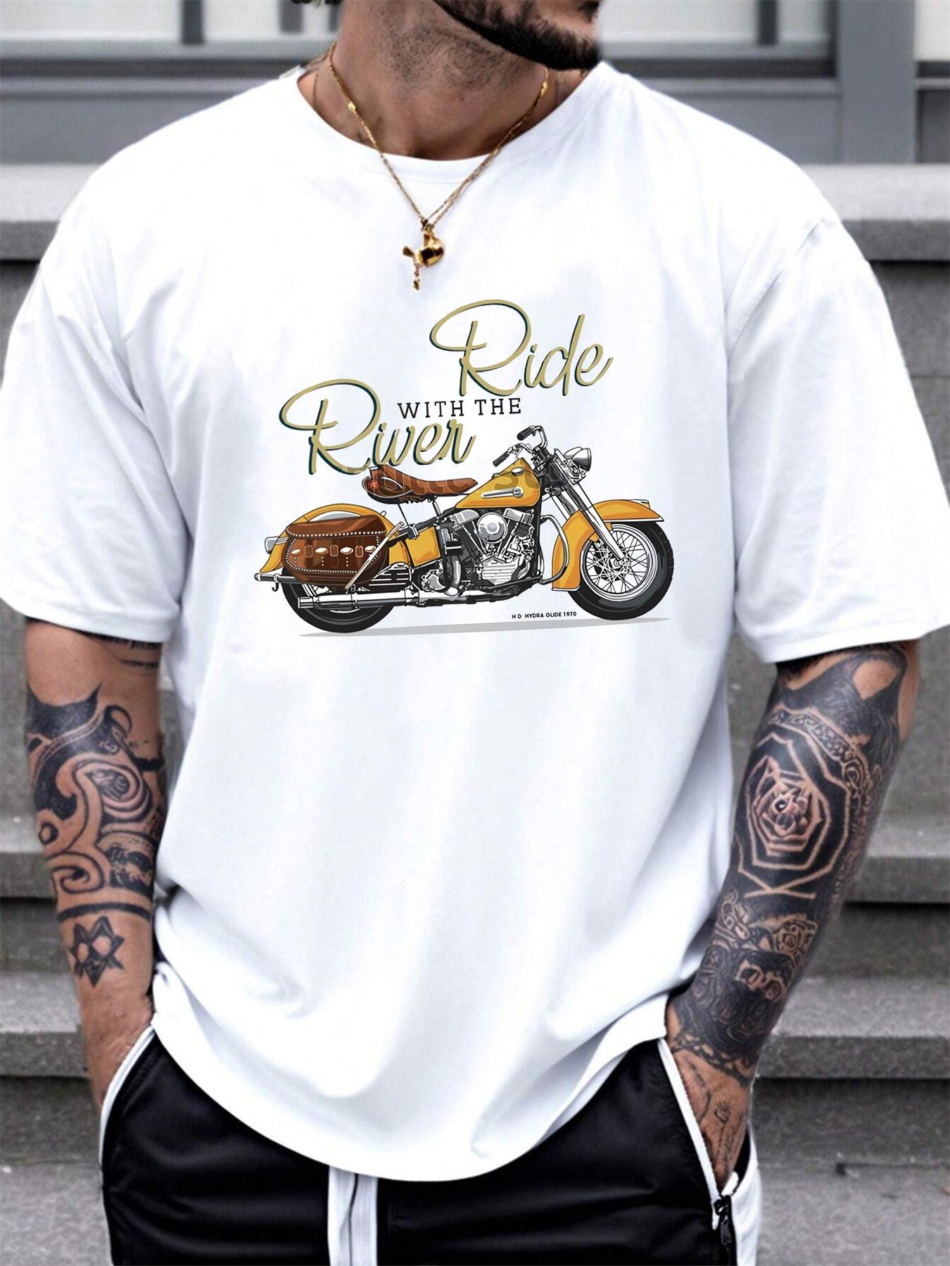 

Men s summer 100% pure cotton fashionable casual loose classic retro motorcycle pattern printed round neck short sleeved T-shirt S разноцветный