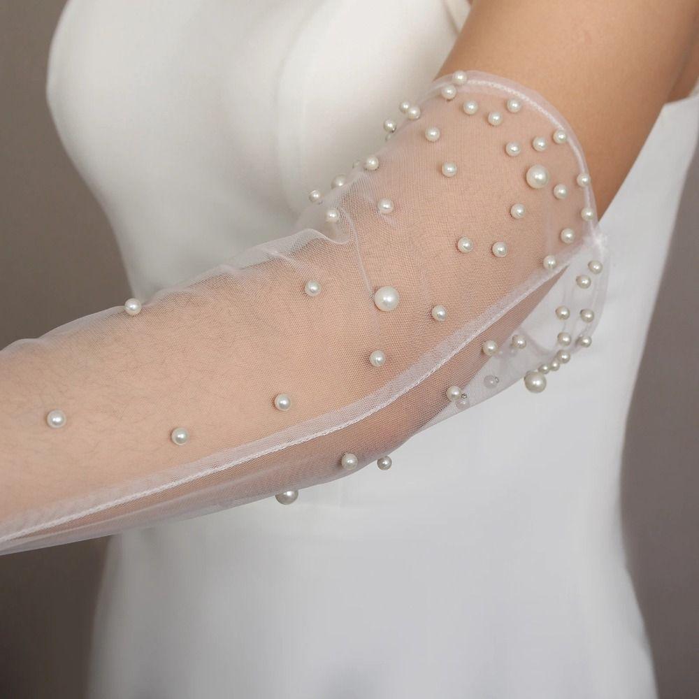 Handmade Beading Bridal Gloves Transparent Tulle Gloves Vintage Pearl Gloves  Dinner Party