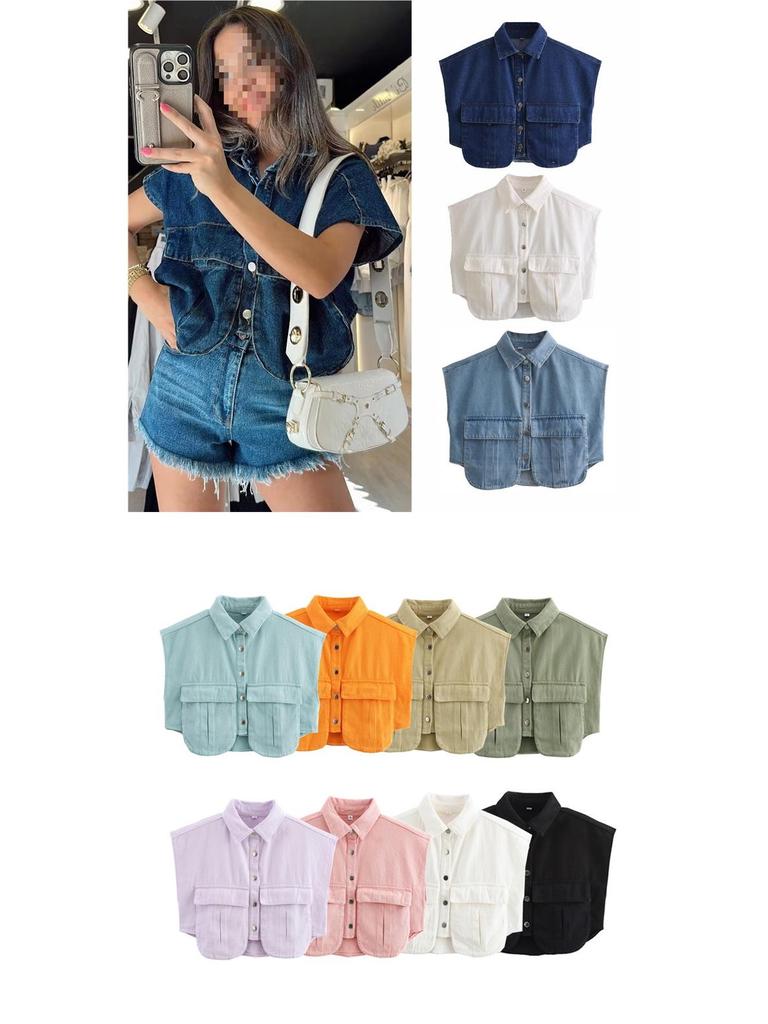Women's Sleeveless Cardigan: Plain Color, Large Pockets, Polo Collar, Denim Top, High-Quality Feel